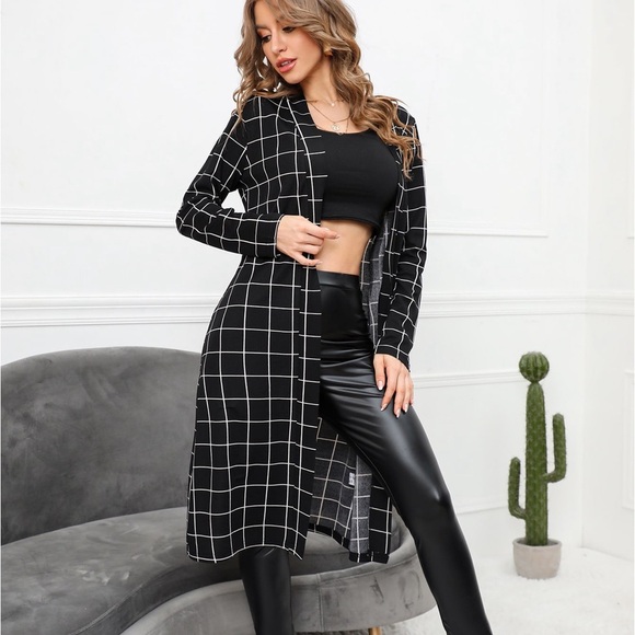 Grid Print Open Front Blazer - Picture 1 of 3